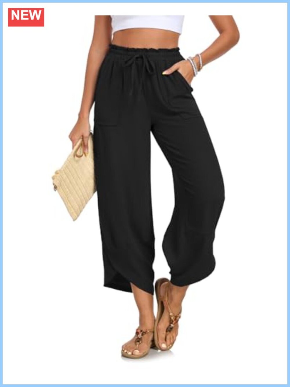 Womens High Waist Wide Leg Palazzo Pants Cropped Casual Summer
